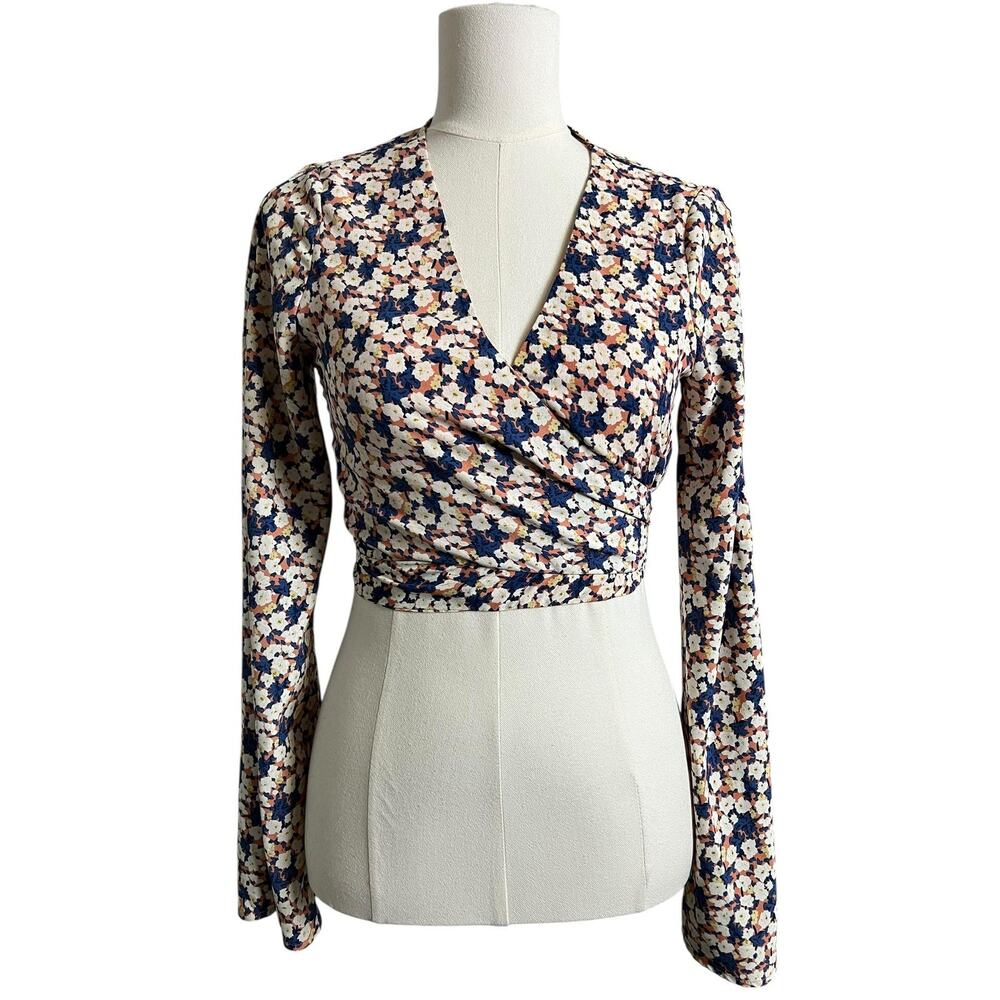 Essue Wrap Blouse Womens Small Multicolor Floral Cropped Tie Front Long Sleeve